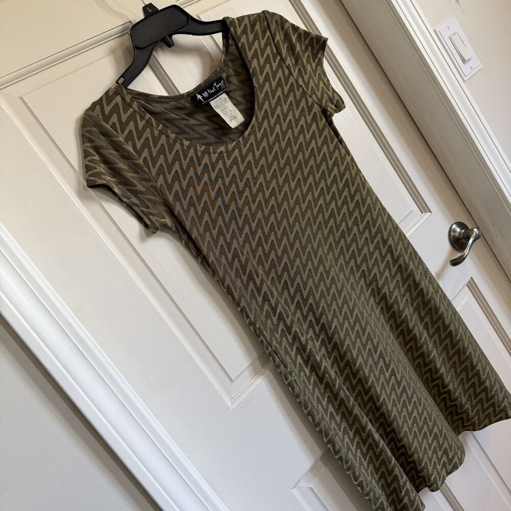 All That Jazz Women's Dress M Olive Beige Geometric Short Sleeve USA Vintage
